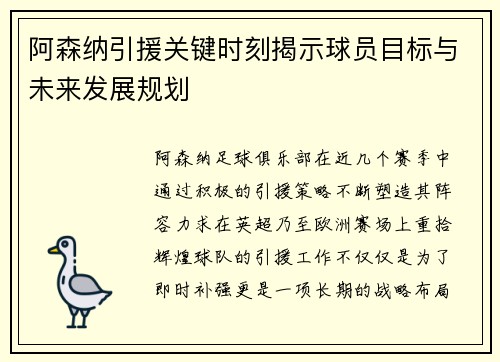 阿森纳引援关键时刻揭示球员目标与未来发展规划