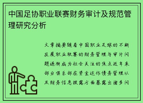 中国足协职业联赛财务审计及规范管理研究分析